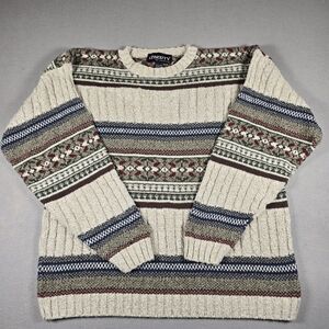 Liberty Mens L Beige Sweater Vintage Fair Isle Crewneck Cable Knit USA Made 124